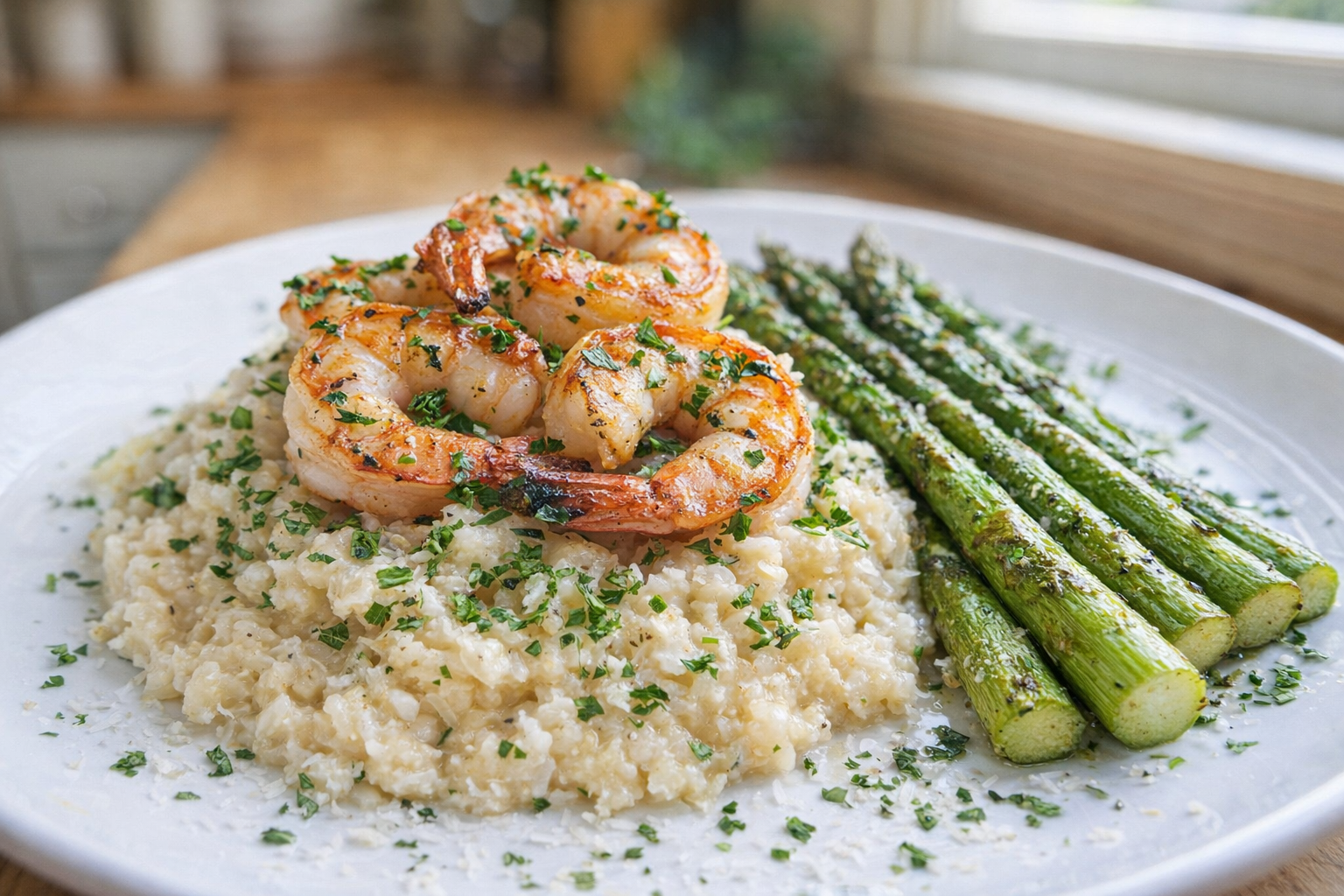 A plated Parmesan risotto with grilled shrimp and roasted asparagus, garnished with fresh herbs, bright, appetizing lighting